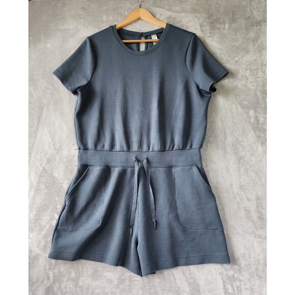 Spanx Airluxe Romper Womens XL Elastic Drawstring Waist Storm Blue Shorts Pocket - Picture 1 of 7